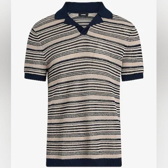 Striped Knit Linen-Blend Short Sleeve Sweater Polo Men's Size Large - Picture 1 of 9